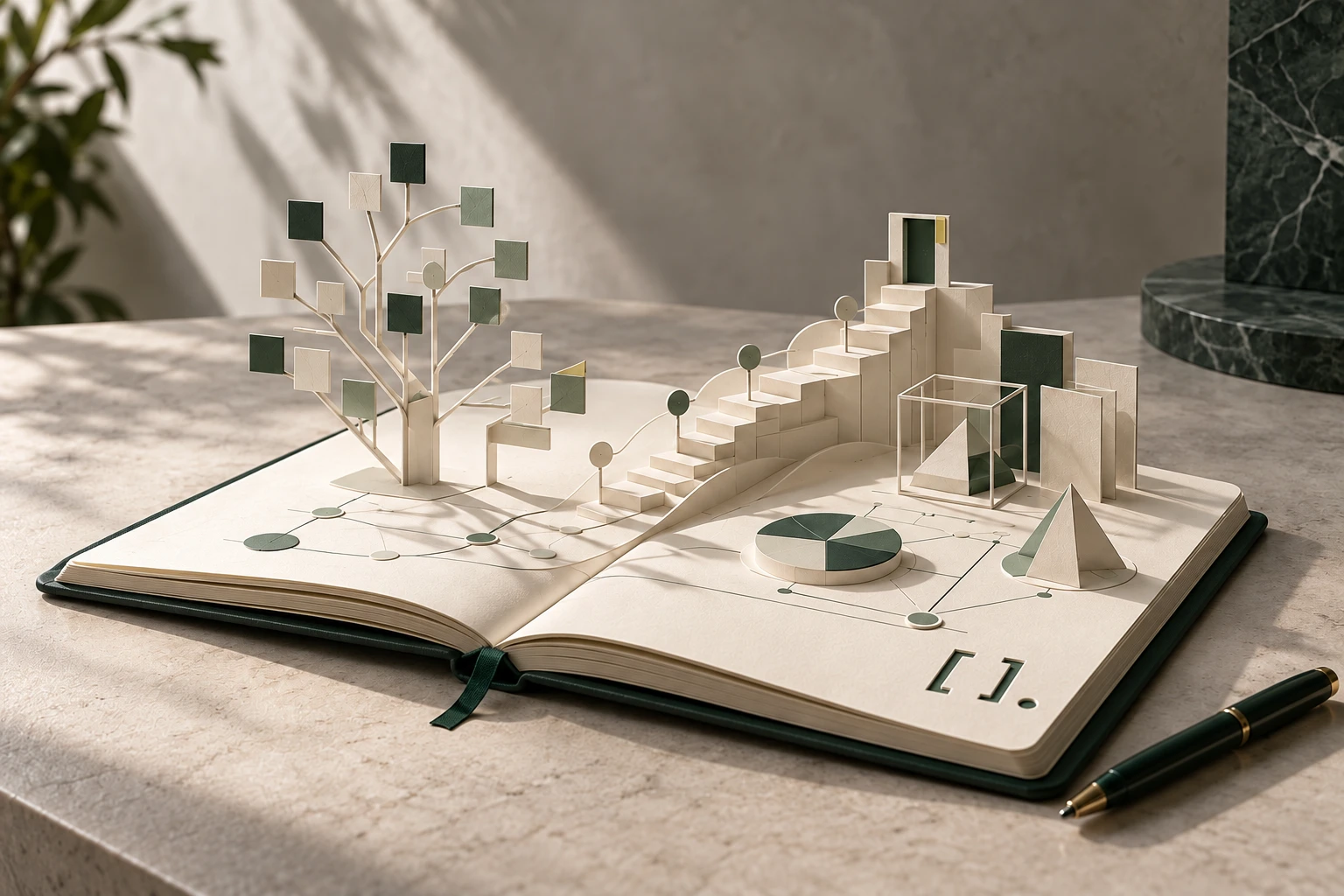 An open playbook with paper models of an issue tree, a path of steps and charts rising from its pages