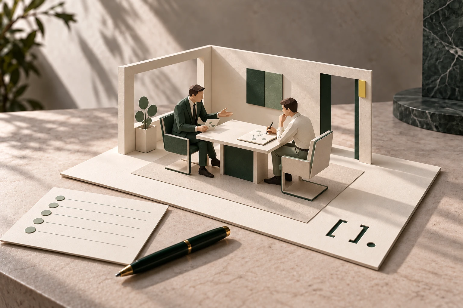 A paper model of an interview room: a senior in a dark suit across the table from a candidate taking notes