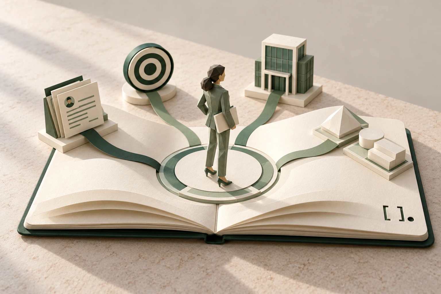 A paper model of a candidate standing on an open book, with paths leading to a CV, a target, a firm and the steps ahead